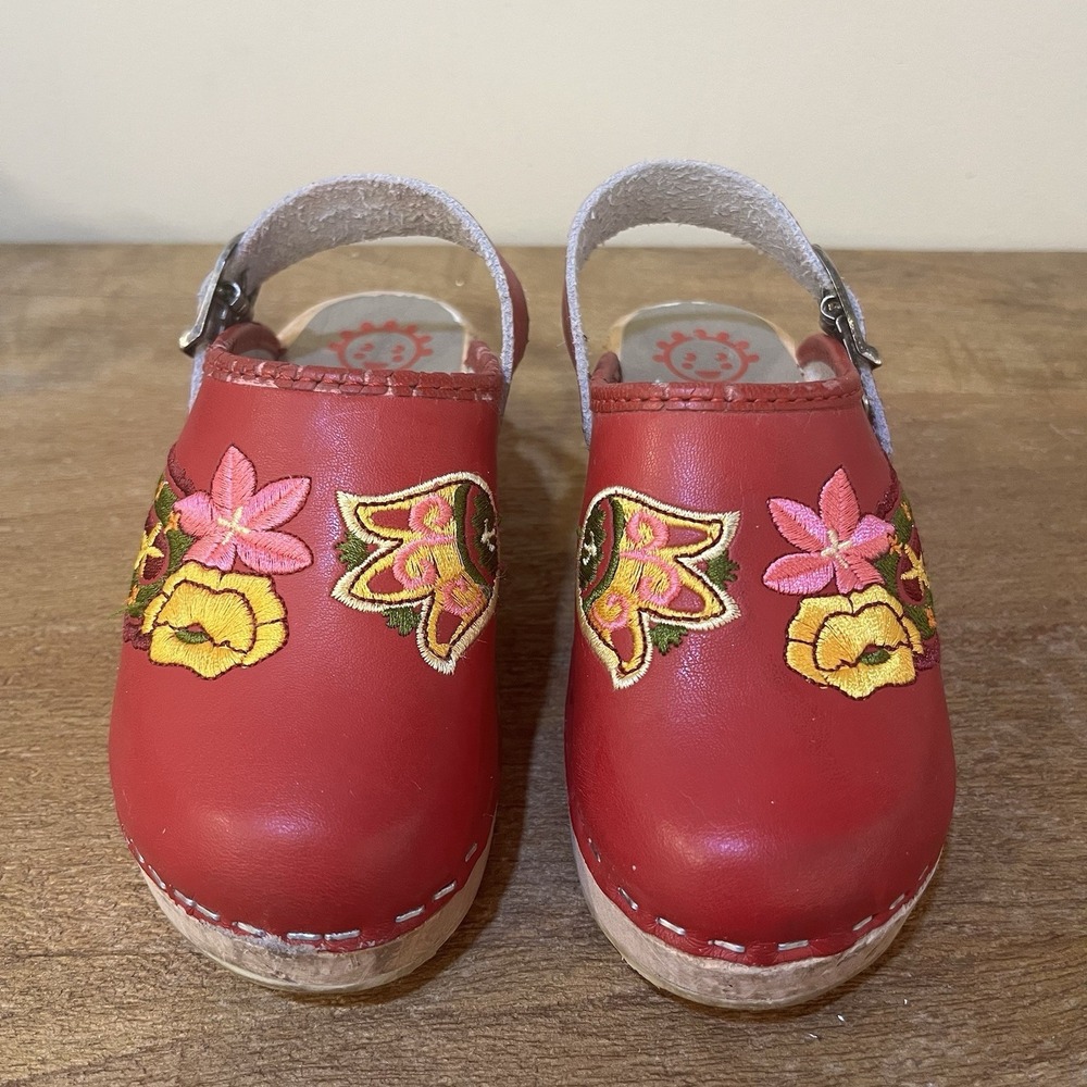 Hanna Andersson Red Floral‎ Leather Wooden Clogs Girls EU 27 Back Strap READ